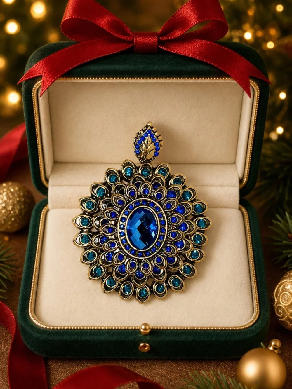 Ornate Gold-Tone Blue & Teal Rhinestone Peacock Statement Brooch\Pendant
